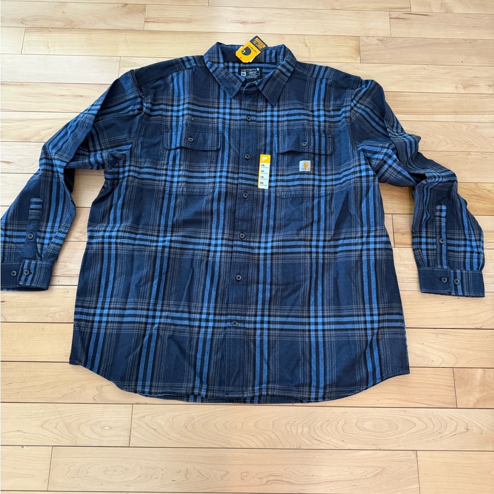 Carhartt Men's Navy and Black Plaid Button Down Shirt